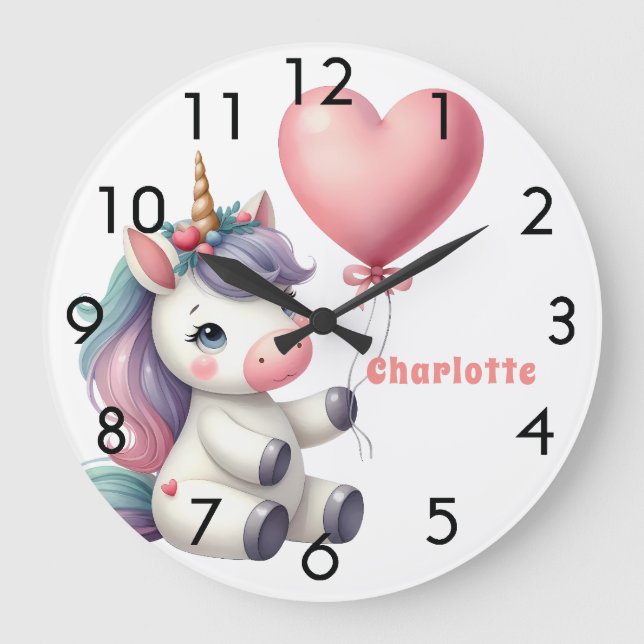 Grande Horloge Ronde Unicorne bébé rose violet fille (Recto)