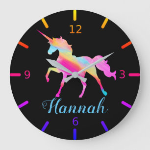Grande Horloge Ronde Unicorne colorée personnalisée