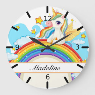 Grande Horloge Ronde Unicorne colorée personnalisée et arc-en-ciel