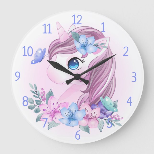 Grande Horloge Ronde Unicorne, Fleurs et Papillons (Recto)