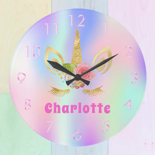 Grande Horloge Ronde Unicorne visage rose violet nom holographique fill