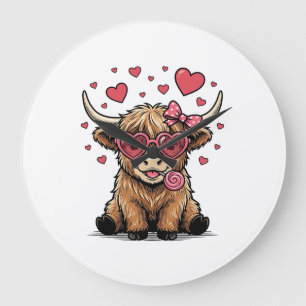 Grande Horloge Ronde Vache des Highlands mignonne Saint Valentin lunett