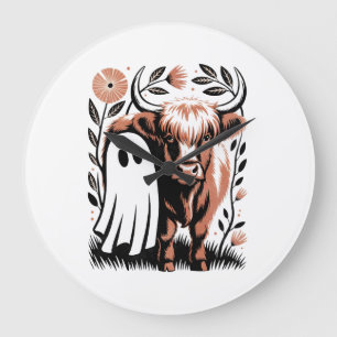 Grande Horloge Ronde Vache des Highlands rustique Halloween fantôme