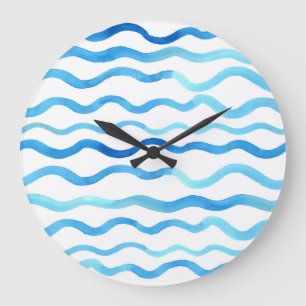 Grande Horloge Ronde Vagues Aquarelle : bleu turquoise sans joint.