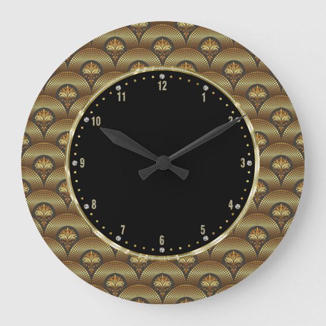 Grande Horloge Ronde Vagues Art Déco Géométrique Or & Noir (Recto)
