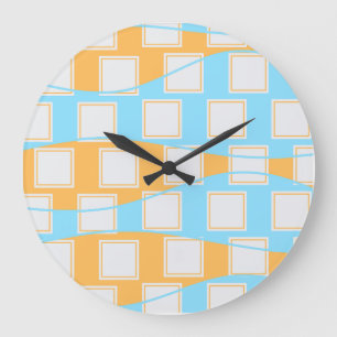 Grande Horloge Ronde Vagues bleues sur patchs Carrés blancs