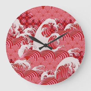 Grande Horloge Ronde Vagues Chinoises : Décor Sans Couleur.