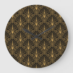 Grande Horloge Ronde Ventilateur Art déco : Jaune géométrique Noir