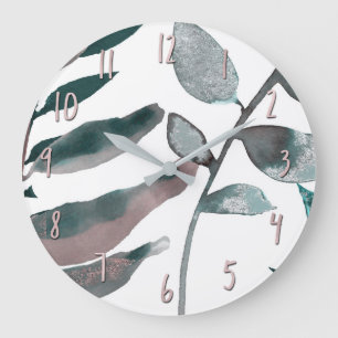 Grande Horloge Ronde Verdure rustique Bleue Botanique Feuille Aquarelle
