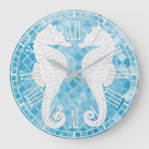 Grande Horloge Ronde Verre bleu de mer d'hippocampes blancs