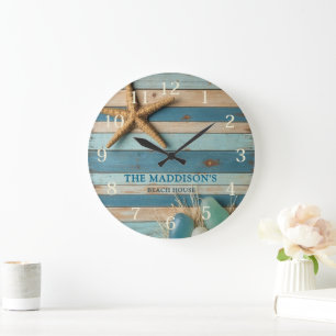 Grande Horloge Ronde Verre de mer et bois de plage nautique - Bleu sarc