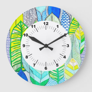 Grande Horloge Ronde Vert Jaune mignon Moderne Tropical Boho Feuille
