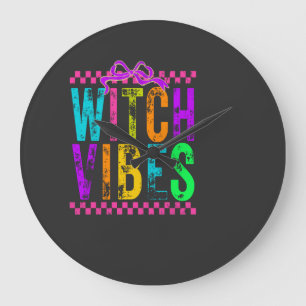 Grande Horloge Ronde Vibes de Sorcière Halloween Néon À Carreaux Arc