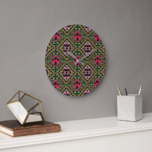 Grande Horloge Ronde Vibrant rose et vert tissu Abstrait Art
