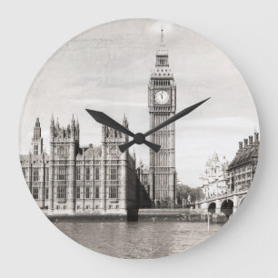 Grande Horloge Ronde Vieux Londres, noir et blanc.