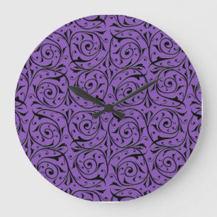 Grande Horloge Ronde Vignes Tourbillonnantes Abstraites Violettes et No