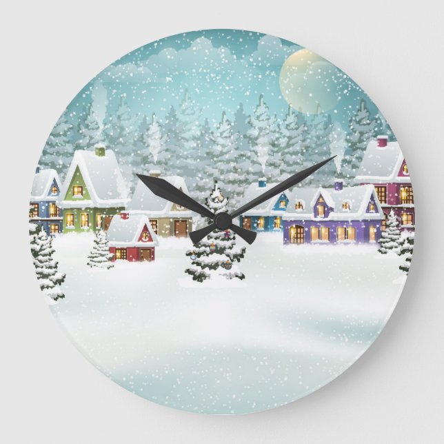 Grande Horloge Ronde Village d'hiver : paysage enneigé (Recto)