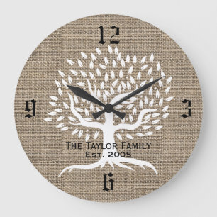 Grande Horloge Ronde Vintage Arbre Rustique Burlap Nom de famille établ
