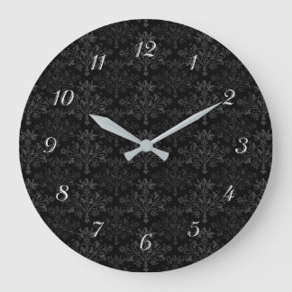 Grande Horloge Ronde Vintage Black Gray Damask Pattern With Numbers