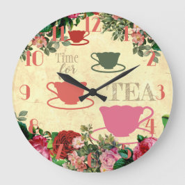 Grande Horloge Ronde Vintage roses flowers teacups personalized kitchen
