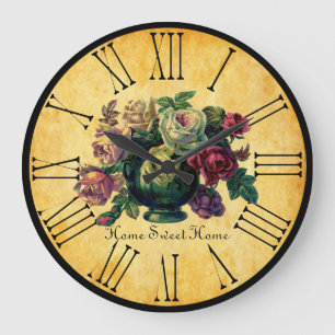 Grande Horloge Ronde Vintage Roses Home Sweet Home style rustique