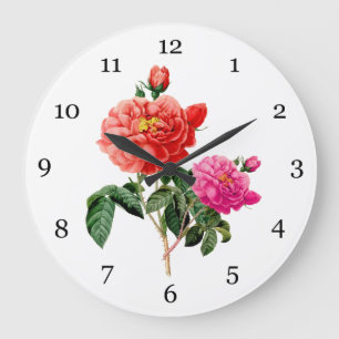 Grande Horloge Ronde vintage rouge botanique, fleurs roses