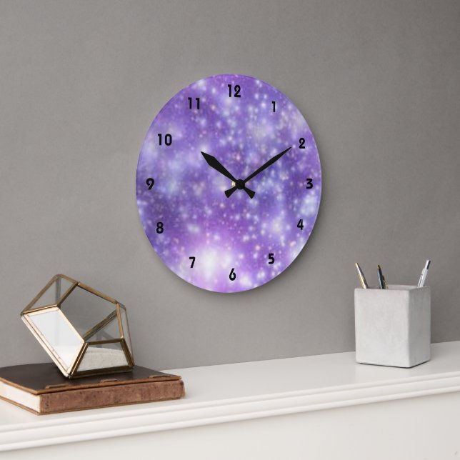 Grande Horloge Ronde Violet bleu ciel nuage étoiles effet (Bureau)