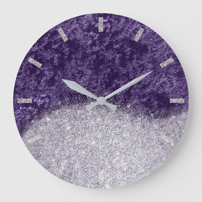 Grande Horloge Ronde Violet violet gris argenté velours Parties scintil (Recto)