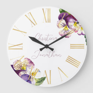 Grande Horloge Ronde Violettes aquarelles romantiques