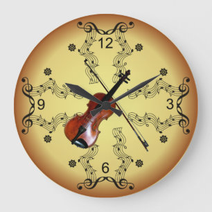Grande Horloge Ronde Violon ~ Scroll musical ~ Arrière - plan d'or ~