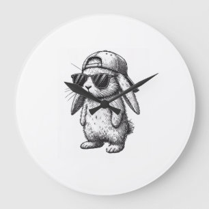 Grande Horloge Ronde Visage de Lapin avec Lunettes de Soleil Casquette 