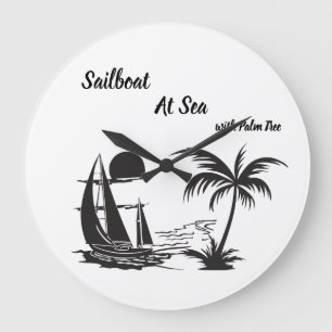 Grande Horloge Ronde Voilier en mer avec palmier – Plage tropicale