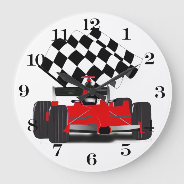 Grande Horloge Ronde Voiture Red Race avec drapeau À damiers (Recto)