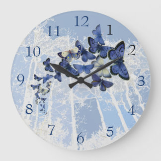 Grande Horloge Ronde Vol bleu de kaléidoscope de papillon