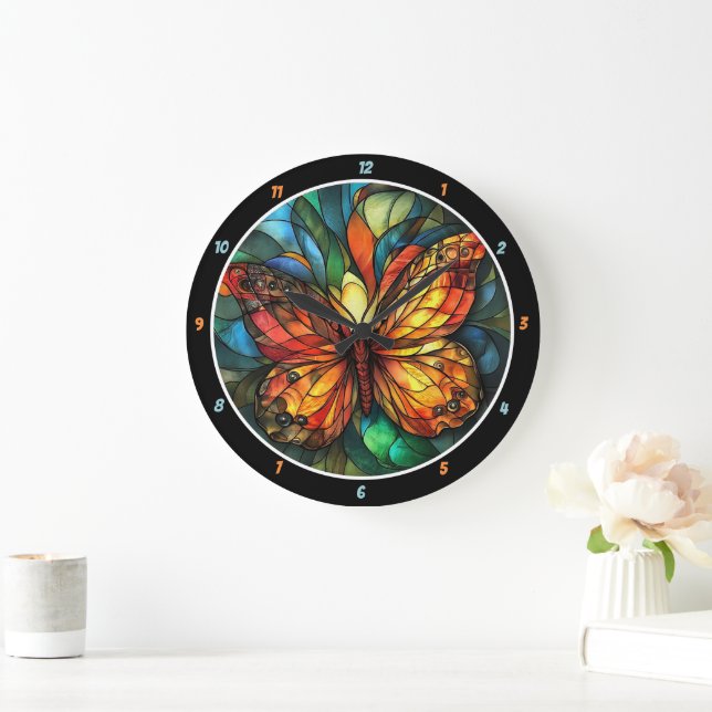 Grande Horloge Ronde Vol chromatique" - Papillon en verre tendu (Maison)