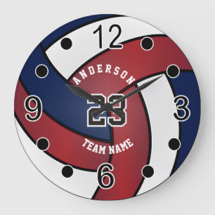 Grande Horloge Ronde Volley-ball rouge foncé, bleu et blanc