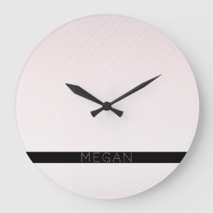 Grande Horloge Ronde Votre nom Minces rayures ombrées roses blanches