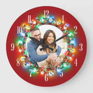 Grande Horloge Ronde Votre photo brille les ampoules de Noël