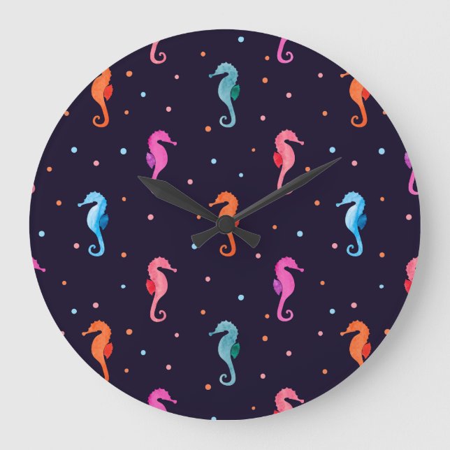 Grande Horloge Ronde Watercolor Seahorses on Navy Blue (Recto)