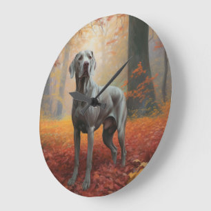 Grande Horloge Ronde Weimaraner dans les feuilles d'automne qui tombent
