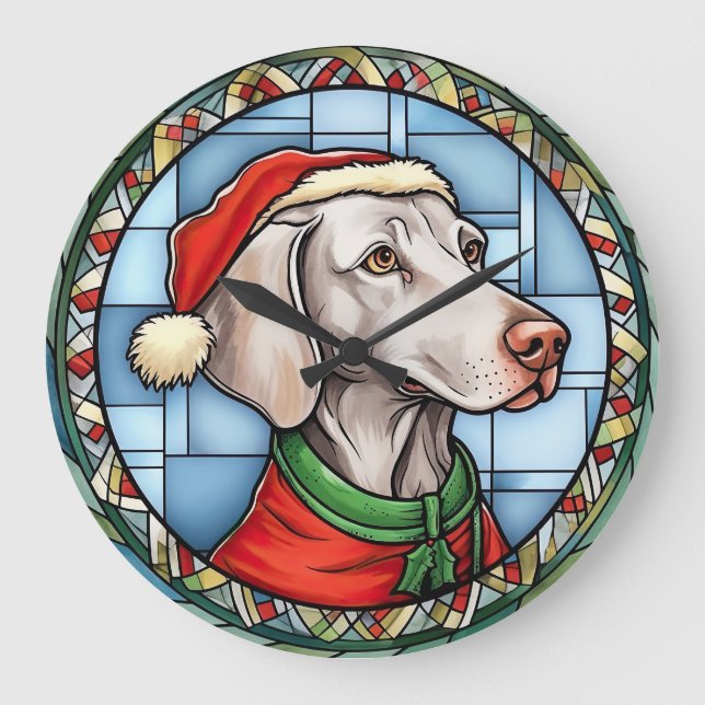 Grande Horloge Ronde Weimaraner Vitrail Noël (Recto)