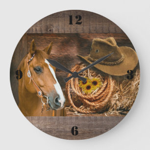 Grande Horloge Ronde Western Horse Cowboy Casquette Lasso Sunflowers