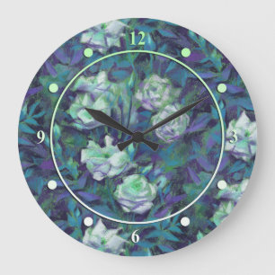Grande Horloge Ronde "White roses, blue leaves", beautiful flowers