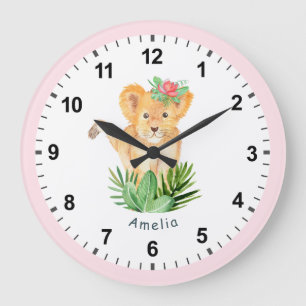 Grande Horloge Ronde Wild Lion Cub Amusant Jungle Safari Girl's Room De