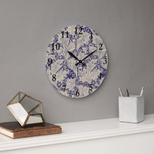 Grande Horloge Ronde William Morris Motif Giroflée Bleu Antique
