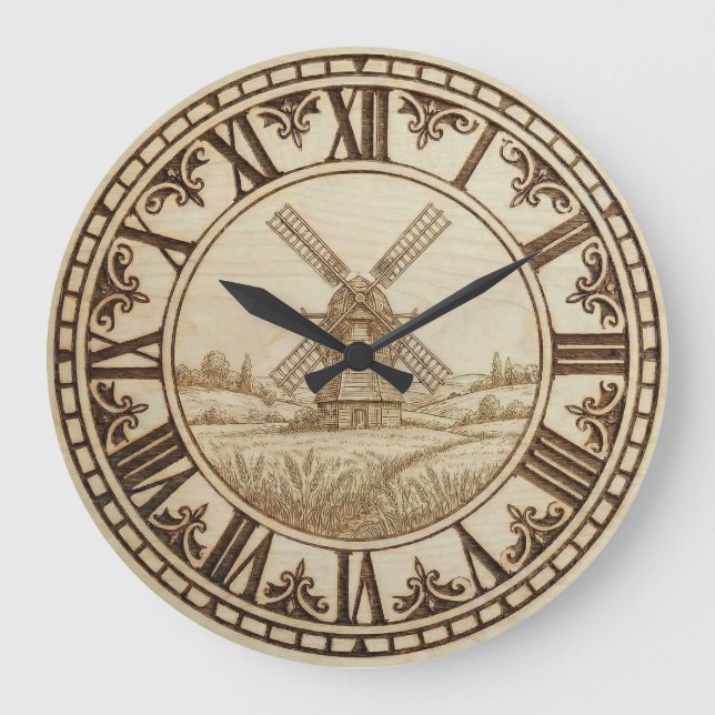 Grande Horloge Ronde Windmill Wall Clock – Rustic Wood-Burned Style (Recto)