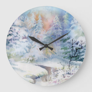Grande Horloge Ronde Winter Wonderland : Paysage aquarelle