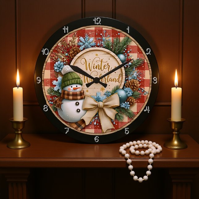 Grande Horloge Ronde Winter Wonderland Snowman Plaid (Créateur téléchargé)