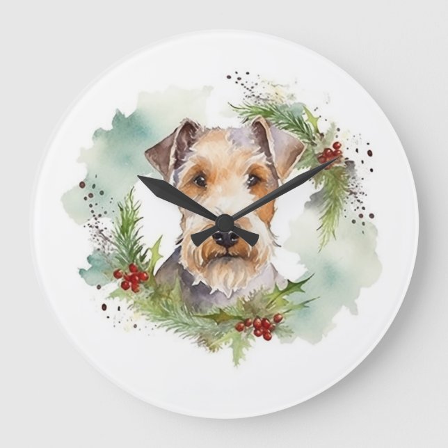 Grande Horloge Ronde Wirefox Terrier Festive de Noël Wreath Pup (Recto)