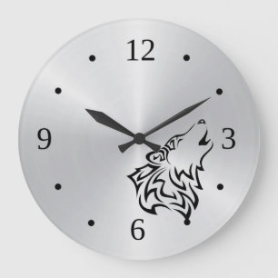 Grande Horloge Ronde Wolf Tribal Tattoo Vector Silver Black
